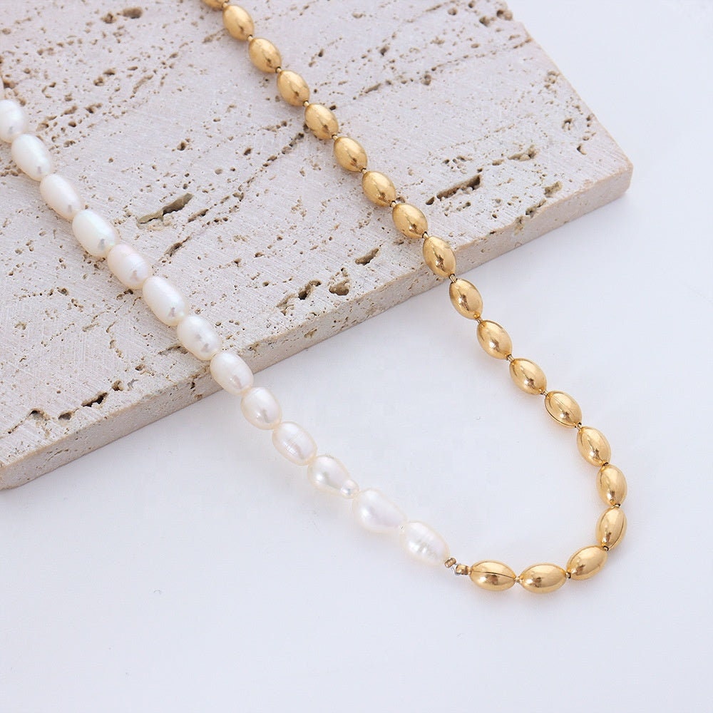 TAIMI Half Freshwater Pearl Necklace, Gold Natural Bead Chain Choker, Dainty Layered Jewelry, Vintage Unique Designer, Wedding Gift For Her