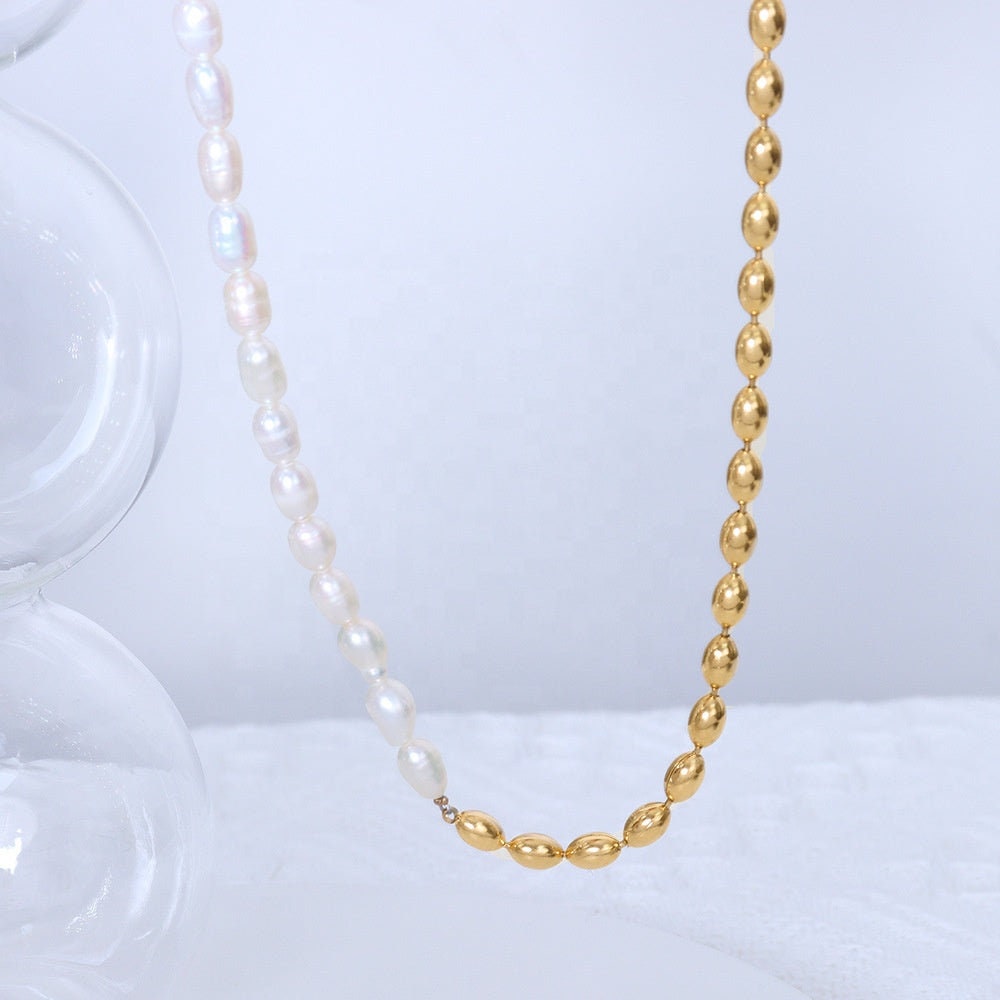 TAIMI Half Freshwater Pearl Necklace, Gold Natural Bead Chain Choker, Dainty Layered Jewelry, Vintage Unique Designer, Wedding Gift For Her