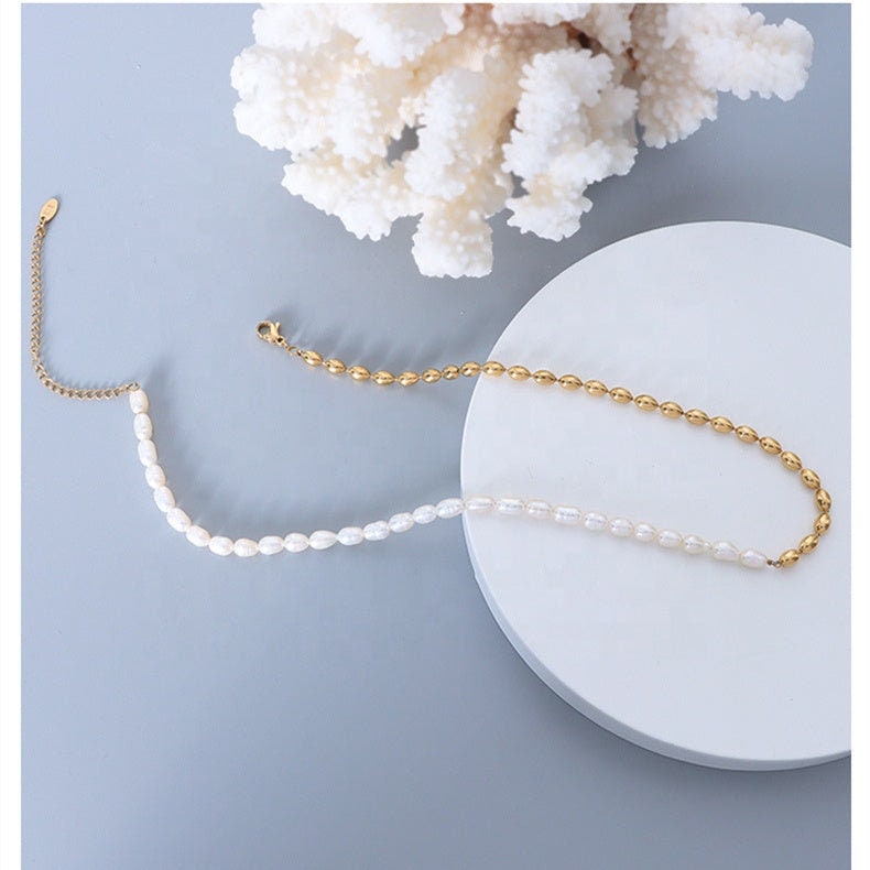 TAIMI Half Freshwater Pearl Necklace, Gold Natural Bead Chain Choker, Dainty Layered Jewelry, Vintage Unique Designer, Wedding Gift For Her