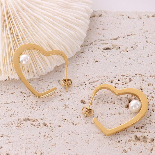 ROS Pearl Heart Hoop Earrings, Korean Statement Drop, Gold Dangle Jewelry, Vintage Huggie Decor, Designer Kawaii Gift for Her, Unique Detail