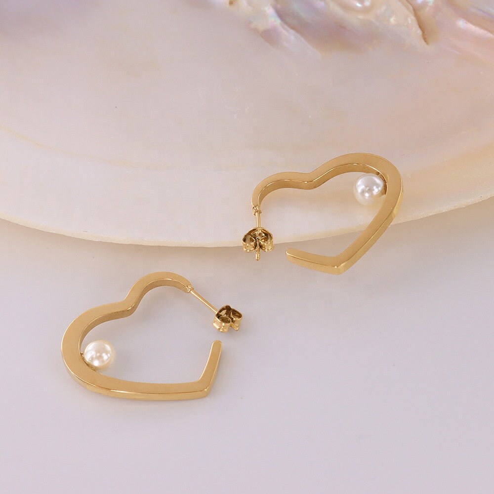 ROS Pearl Heart Hoop Earrings, Korean Statement Drop, Gold Dangle Jewelry, Vintage Huggie Decor, Designer Kawaii Gift for Her, Unique Detail