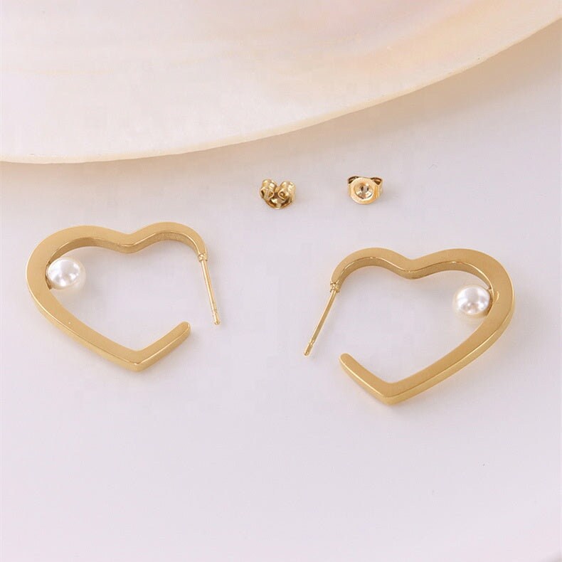 ROS Pearl Heart Hoop Earrings, Korean Statement Drop, Gold Dangle Jewelry, Vintage Huggie Decor, Designer Kawaii Gift for Her, Unique Detail