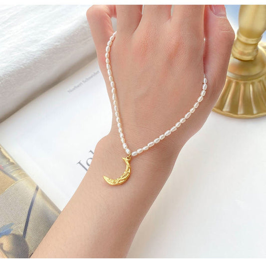 TUULA Freshwater Pearl Moon Necklace, Gold Celestial Charm Choker, Dainty Layered Jewelry, Vintage Unique Designer, Wedding Gift For Her