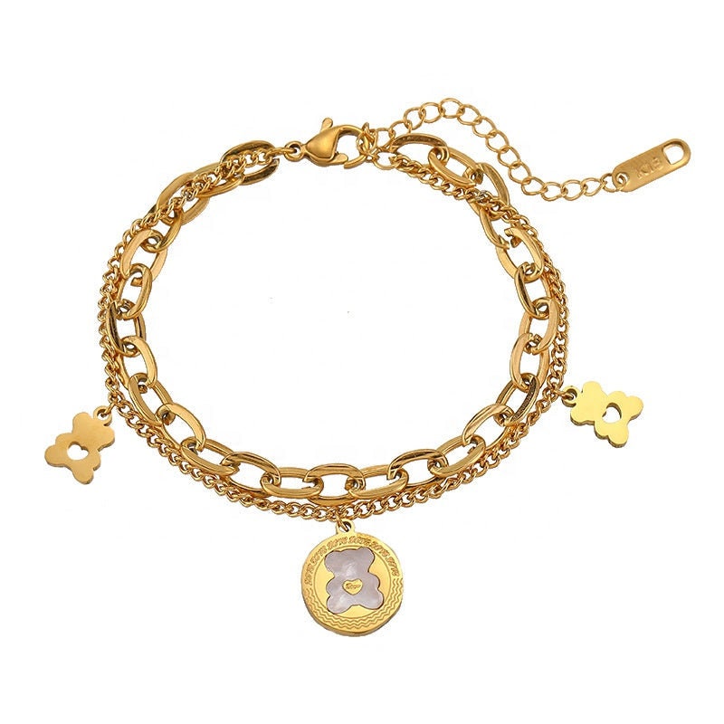 ENNY Teddy Bear Double Bracelet ∙ Dainty Bear Charm ∙ Link Chain Jewelry ∙ Curb Chain Bracelet ∙ Mother Of Pearl Shell Bear