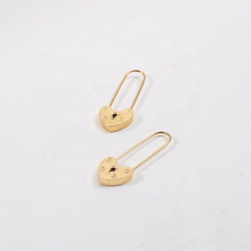 PIRJO Heart Lock Safety Pin Earrings, Padlock Geometric Drop, Gold Dangle Jewelry, Vintage Huggie Decor, Korean Designer Kawaii Gift for Her