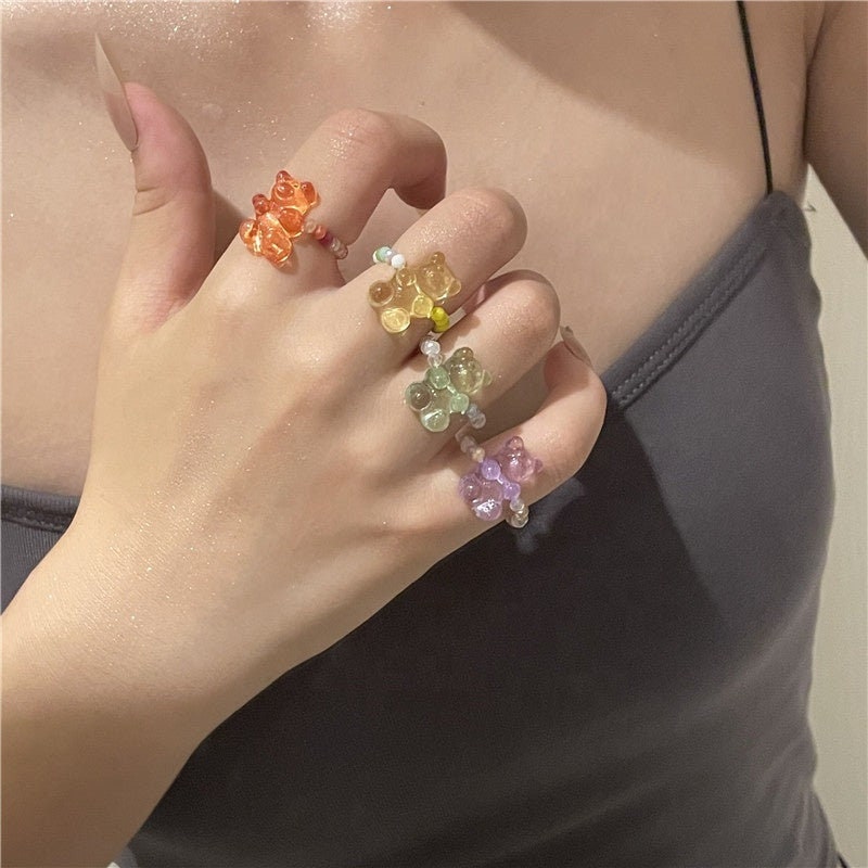 ELVIIRA Gummy Bear Bead Ring, Stackable Ringlet, Pride Band, 90's Y2K, Layered Midi Decor Candy Jewelry, Matching Friend Summer Gift for Her