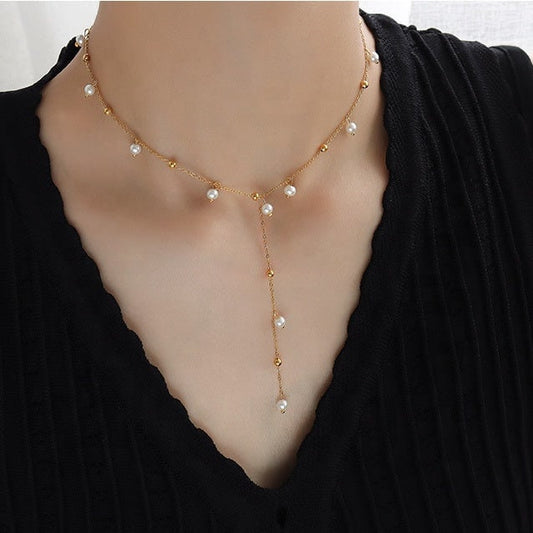 TAINA Pearl Bead Lariat Necklace, Gold Bride Chain Choker, Dainty Layered Jewelry, Vintage Unique Designer, Bridesmaid Wedding Gift For Her