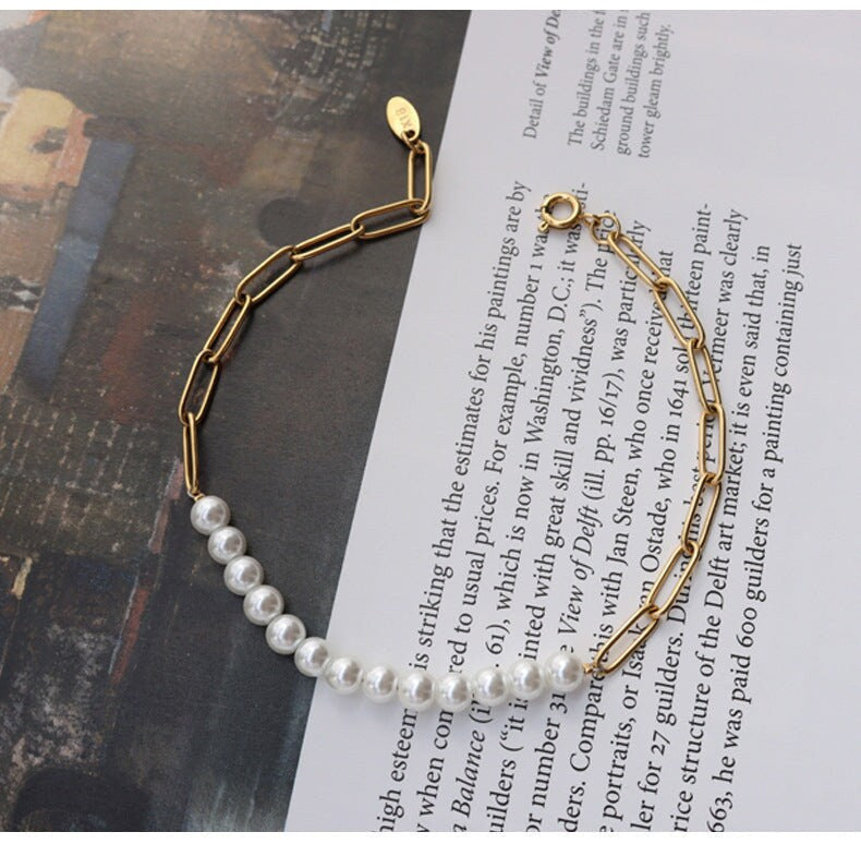 TUULE Half Pearl Paperclip Chain Bracelet, Gold Smile Simple Style, Dainty Layered Jewelry, Vintage Unique Designer, Wedding Gift For Her