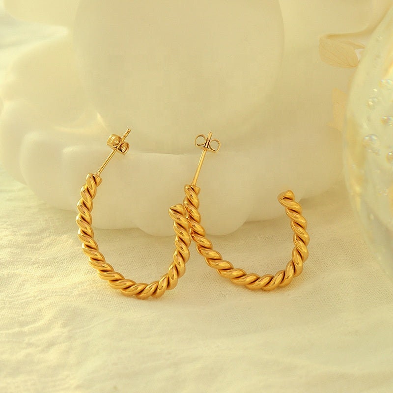 SIIRI Twisted Open Hoop Earrings, Korean Designer Drop Charm, Gold Dangle Jewelry, Vintage Huggie Decor, Kawaii Gift for Her, Unique Details