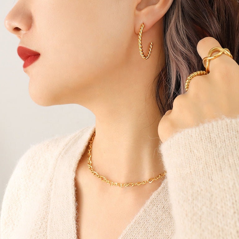 SIIRI Twisted Open Hoop Earrings, Korean Designer Drop Charm, Gold Dangle Jewelry, Vintage Huggie Decor, Kawaii Gift for Her, Unique Details