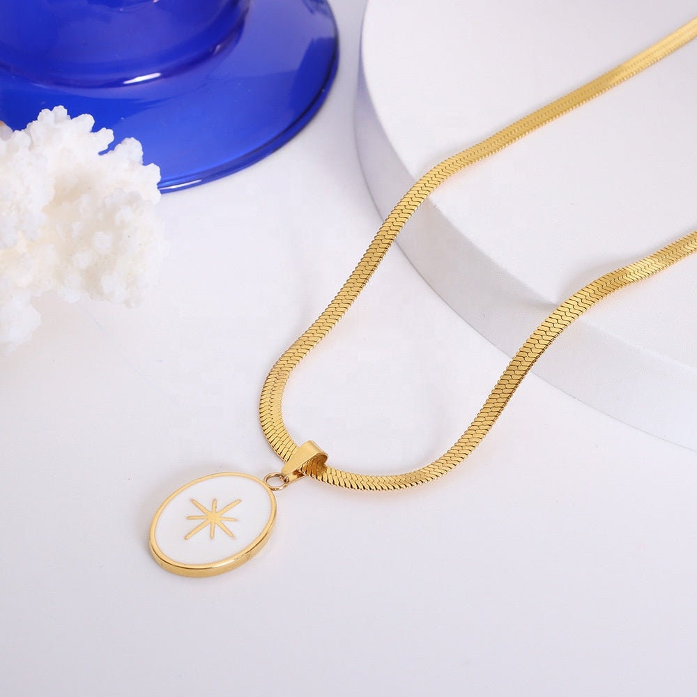 TAIKA North Star Herringbone Necklace, Gold White Enamel Oval Charm , Dainty Layered Jewelry, Unique Designer, Vintage Pendant, Gift For Her