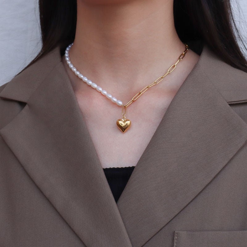 TERTTU Half Freshwater Pearl Heart Necklace, Gold Paperclip Choker, Dainty Layered Jewelry, Vintage Unique Designer, Wedding Gift For Her