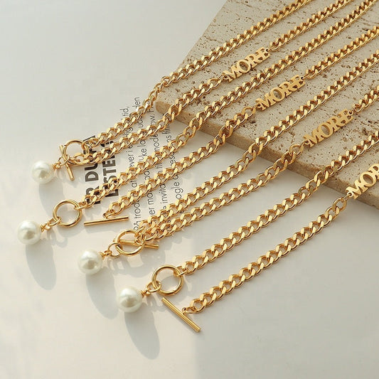 AINO Pearl "More" Toggle Necklace, Gold Simple Charm, Curb Chain Choker, Dainty Layered Jewelry, Vintage Unique Design, Wedding Gift For Her