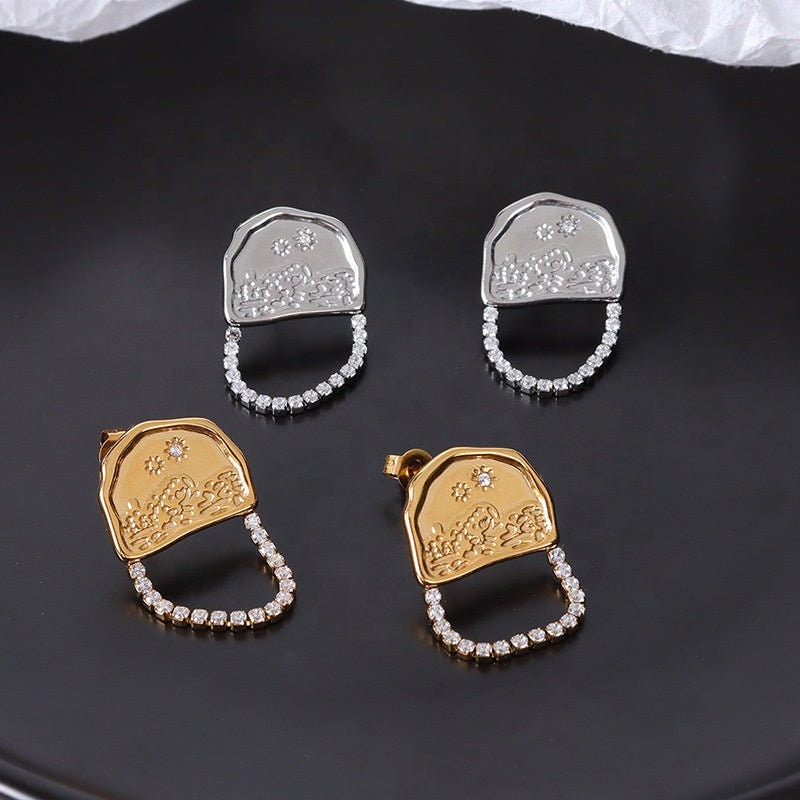 OTHA Ocean Beach Pave Earrings, Sea Sun Crystal Chain Drop, Unique Korean Designer, Gold Dangle Jewelry, Vintage Huggie, Kawaii Gift for Her
