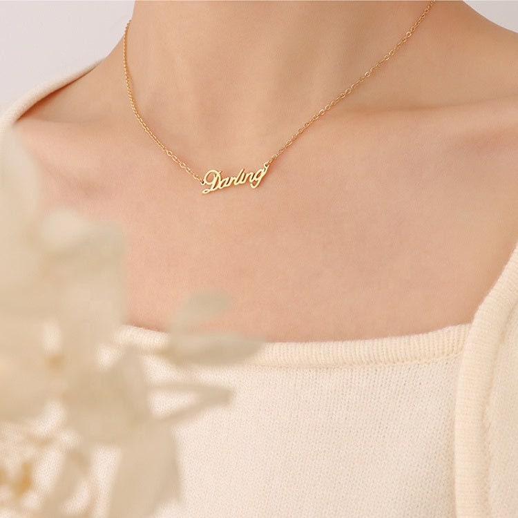 DARLING Script Tag Charm Necklace, Gold Couple Simple Unisex Choker, Y2K Dainty Layered Jewelry, Vintage Unique Design, Wedding Gift For Her