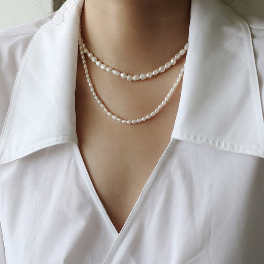 MARJATTA Freshwater Pearl Necklace, Gold Natural Bead Chain Choker, Dainty Layered Jewelry, Vintage Unique Designer, Wedding Gift For Her