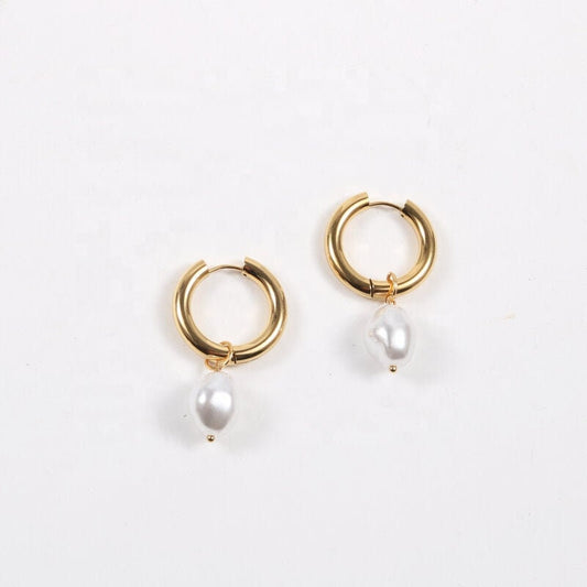 NIINA Pearl Baroque Hoop Earrings, Korean Designer, Gold Simple Dangle Jewelry, Vintage Huggie Decor, Kawaii Gift for Her, Unique Details