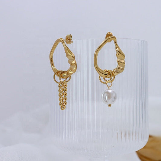 RAAKEL Pearl Baroque Hoop Earrings, Unique Geometric Drop, Gold Dangle Jewelry, Vintage Huggie Decor, Korean Designer Kawaii Gift for Her