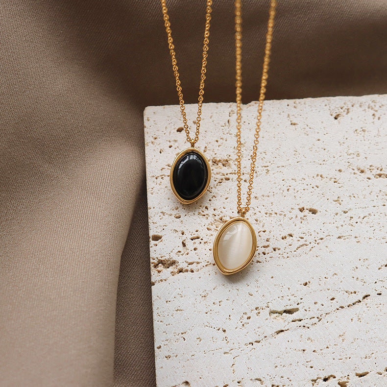 LOKI Cat Eye Opal Pendant Necklace, Gold Black White Oval Choker, Dainty Layered Jewelry, Vintage Unique Designer, Wedding Gift For Her Him