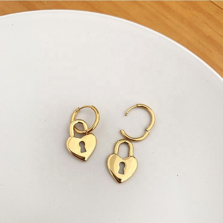 PIRKKO Heart Lock Padlock Hoop Earrings, Korean Designer, Gold Dangle Jewelry, Vintage Huggie Decor, Kawaii Gift for Her, Unique Detail Drop