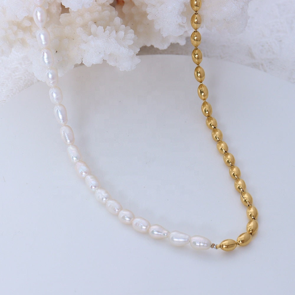 TAIMI Half Freshwater Pearl Necklace, Gold Natural Bead Chain Choker, Dainty Layered Jewelry, Vintage Unique Designer, Wedding Gift For Her