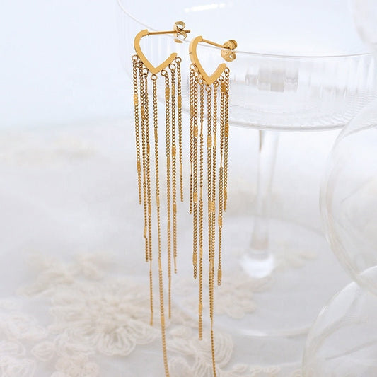 PILVI Long Chain Tassel Hoop Earrings, Korean Designer, Gold Dangle Drop Jewelry, Vintage Huggie Decor, Kawaii Gift for Her, Unique Details