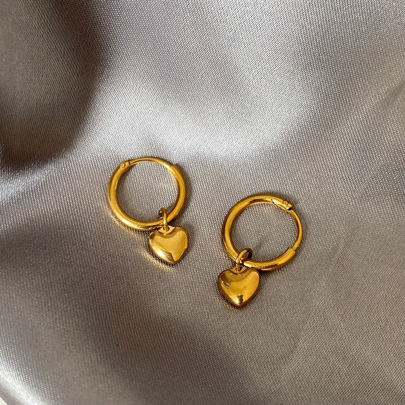 SILJA Tiny Heart Hoop Earrings, Korean Designer Drop, Gold Simple Dangle Jewelry, Vintage Huggie Decor, Kawaii Gift for Her, Unique Details