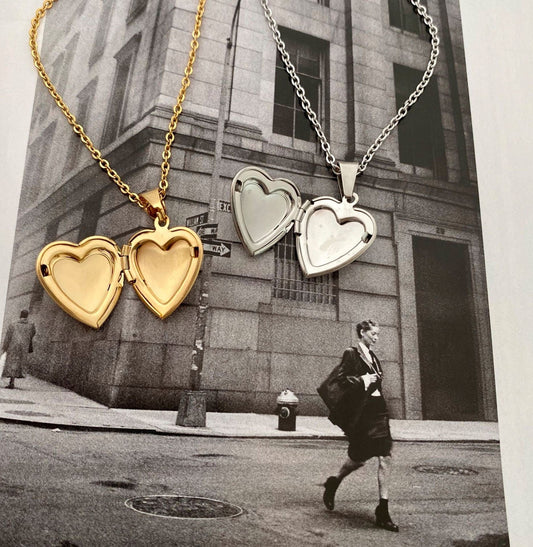 SUUVI Heart Locket Necklace, Gold Silver Personalized Memorial Jewelry, Korean Designer, Vintage Picture Set, Unique Couple Gift for Her