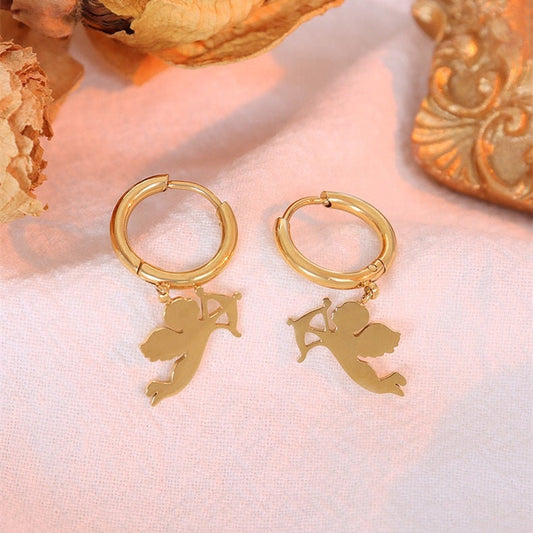 PIRITTA Guardian Child Angel Hoop Earrings, Cherub Drop, Gold Dangle Jewelry, Vintage Huggie Decor, Korean Designer, Kawaii Gift for Her