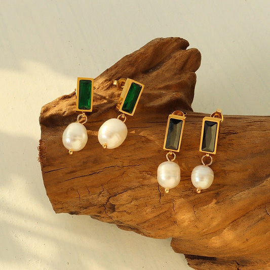 LEPPA Opal Freshwater Pearl Stud Earrings ∙ Gold Emerald Baguette Drop Earring ∙ Huggie Gemstone Jewelry ∙ Bridesmaid Wedding Gift For Her