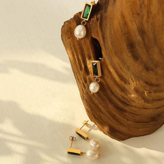 LEPPA Opal Freshwater Pearl Stud Earrings ∙ Gold Emerald Baguette Drop Earring ∙ Huggie Gemstone Jewelry ∙ Bridesmaid Wedding Gift For Her