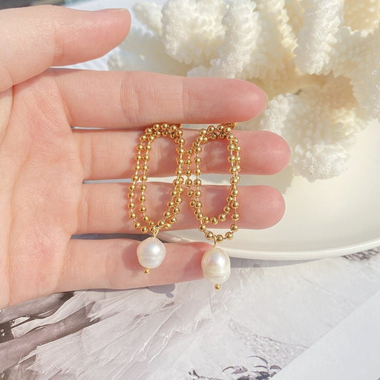 LOPPA Freshwater Pearl Chain Earrings, Gold Baroque Stud Dangle Jewelry, Vintage Huggie Decor, Korean Kawaii Gift for Her, Unique Details