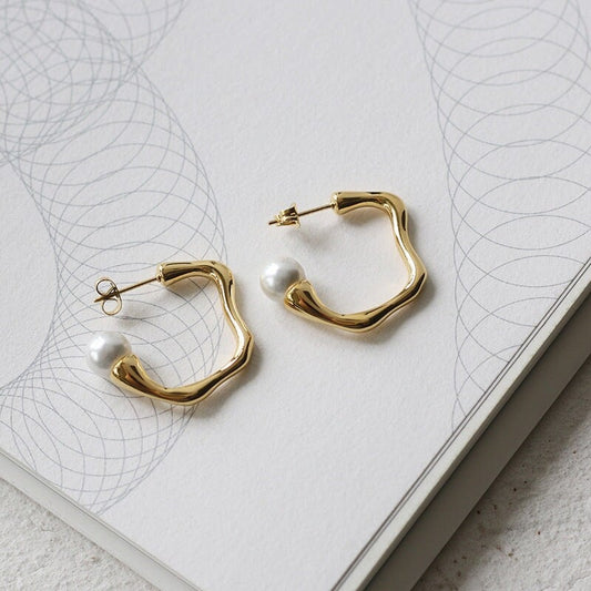 LYYTI Pearl Hoop Earrings, Geometric Abstract Stud, Gold Dangle Jewelry, Vintage Huggie Decor, Kawaii Gift for Her, Korean Unique Designer