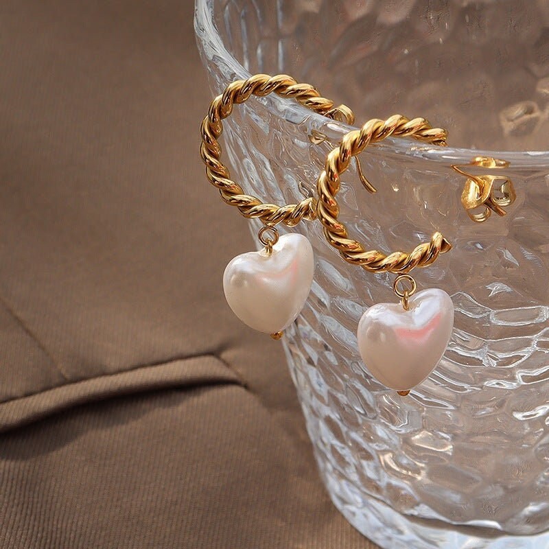 LUVIA Heart Pearl Baroque Hoop Stud Earrings, Gold Love Dangle Jewelry, Vintage Huggie Decor, Designer Kawaii Gift for Her, Unique Details