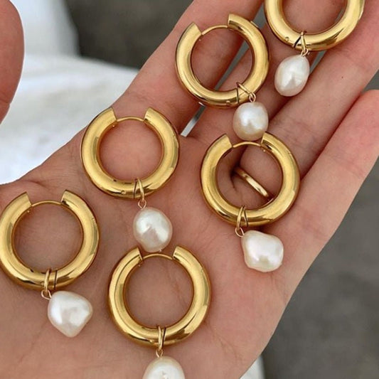 NIINA Pearl Baroque Hoop Earrings, Korean Designer, Gold Simple Dangle Jewelry, Vintage Huggie Decor, Kawaii Gift for Her, Unique Details