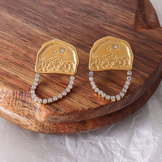 OTHA Ocean Beach Pave Earrings, Sea Sun Crystal Chain Drop, Unique Korean Designer, Gold Dangle Jewelry, Vintage Huggie, Kawaii Gift for Her