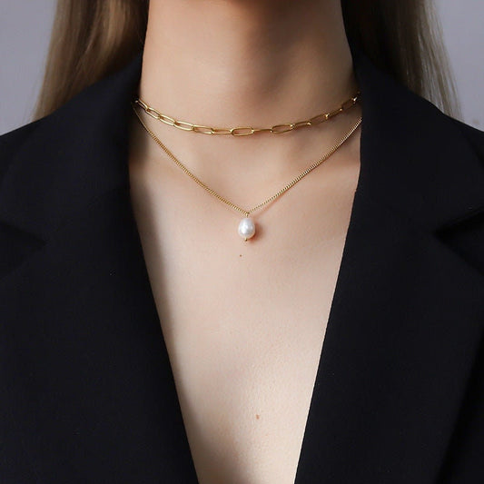 TIIA Freshwater Pearl Double Layered Paperclip Chain Necklace, Gold Natural Choker, Dainty Jewelry, Vintage Unique Wedding Gift For Her