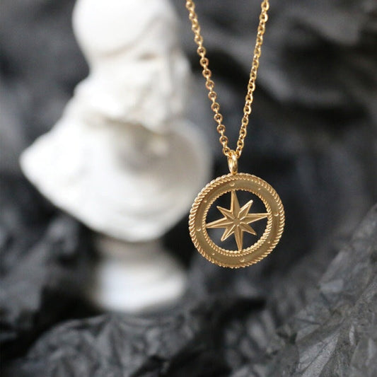 NOORA North Star Coin Medallion Necklace, Gold Celestial Charm Pendant, Unisex Dainty Layered Jewelry, Vintage Unique Wedding Gift For Her