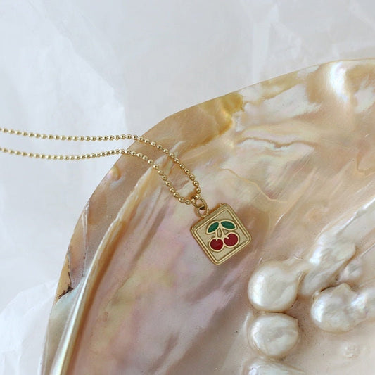 SENJA Cherry Y2K Charm Necklace, Gold Fruit Pendant, Teen Bead Chain, Dainty Layered Jewelry, Kawaii Unique Designer, Wedding Gift For Her