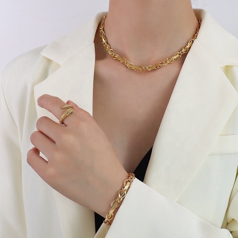 AINA Gold Snake Curb Chain Bracelet Necklace Set, Simple Plain Choker, Dainty Layered Jewelry, Vintage Unique Designer, Wedding Gift For Her