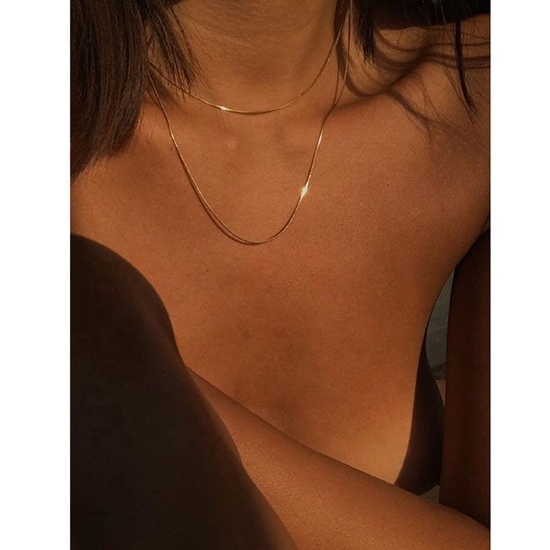 AMANDA Double Thin Snake Chain Necklace, Gold Simple Plain Choker, Dainty Layered Jewelry, Vintage Unique Design, Wedding Gift For Her