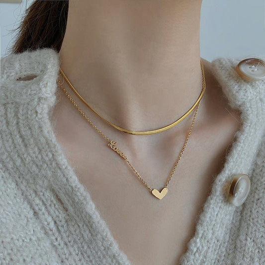 ANNUKKA Heart Snake Chain Double Necklace, Gold Sweet Love Choker, Y2K Dainty Layered Jewelry, Vintage Unique Designer, Wedding Gift For Her