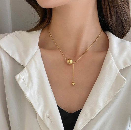 AULI Bead Ball Lariat Necklace, Gold Simple Snake Chain Choker, Unisex Dainty Layered Jewelry, Vintage Unique Designer, Wedding Gift For Her