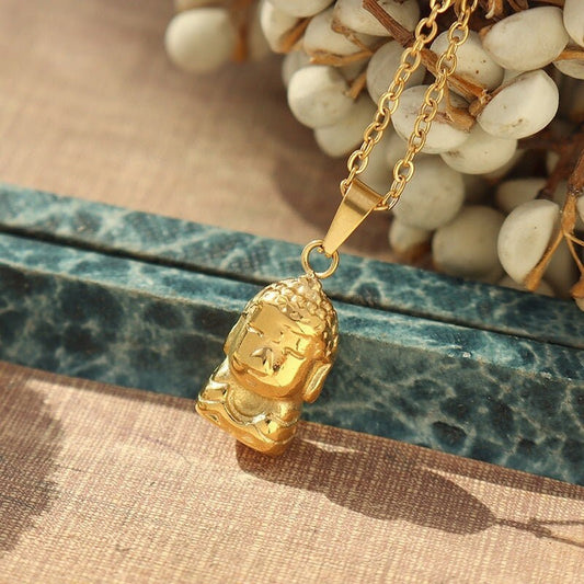 BUDDHA Gold Pendant Necklace, Religious Charm, Simple Unisex Choker, Dainty Layered Jewelry, Vintage Unique Designer, Wedding Gift For Her