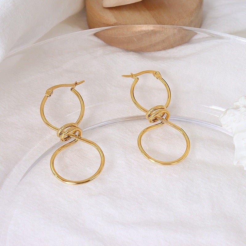 MARIKKA Gold Bow Knot Earrings, Korean Designer, Simple Plain Dangle Design, Vintage Huggie Decor Jewelry, Unique Detail Kawaii Gift for Her