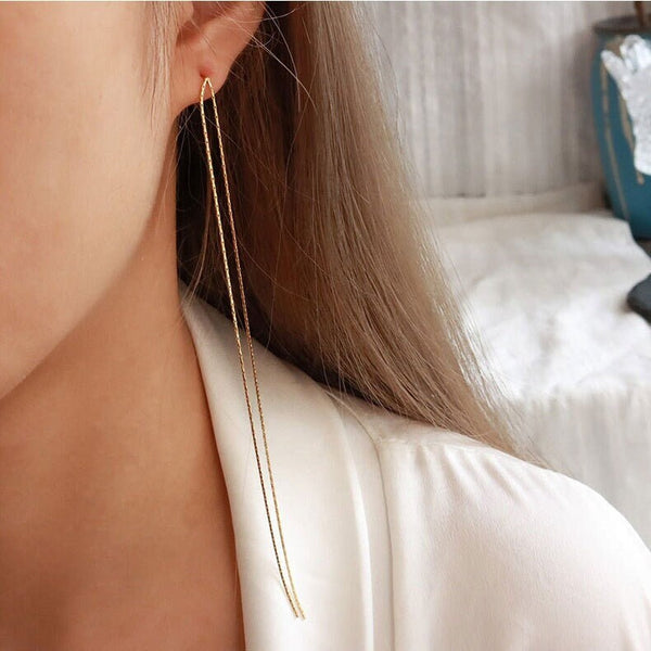 Merja Chain Threader Earrings, Extra Long Chain, Gold Dangle Jewelry, Vintage Huggie, Korean Designer, Kawaii Gift for Her, Unique Details Silver