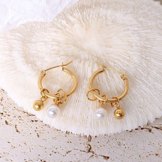 NEEA Gold Pearl Bead Hoop Earrings, Korean Designer, Bell Drop, Dangle Jewelry, Vintage Huggie Decor, Kawaii Gift for Her, Unique Details