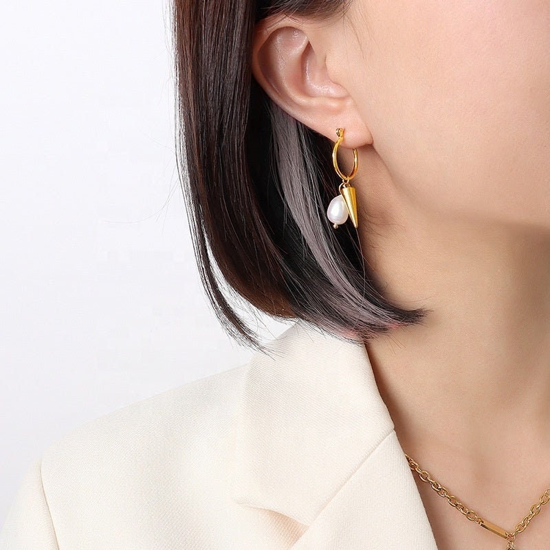 ORVOKKI Freshwater Pearl Spike Hoop Earrings, Korean Designer, Gold Dangle Jewelry, Vintage Huggie Decor, Unique Punk Kawaii Gift for Her