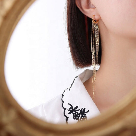 PILVI Long Chain Tassel Hoop Earrings, Korean Designer, Gold Dangle Drop Jewelry, Vintage Huggie Decor, Kawaii Gift for Her, Unique Details