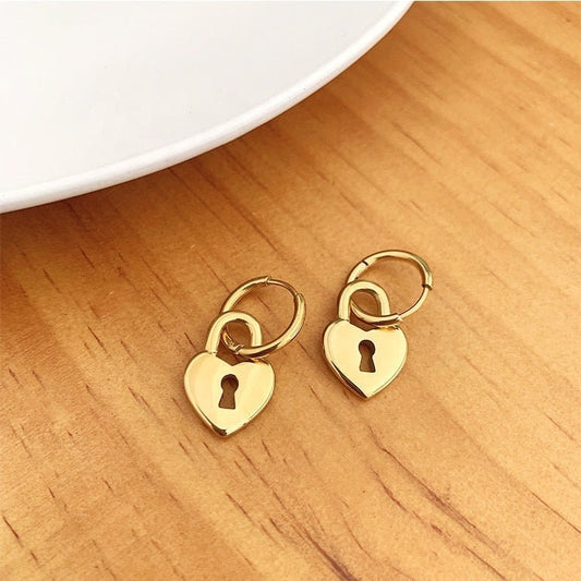 PIRKKO Heart Lock Padlock Hoop Earrings, Korean Designer, Gold Dangle Jewelry, Vintage Huggie Decor, Kawaii Gift for Her, Unique Detail Drop